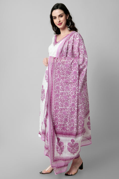 Arayna Women's Cotton Printed Floral Straight Kurta with Palazzo Pants and Printed Dupatta Set, Pink