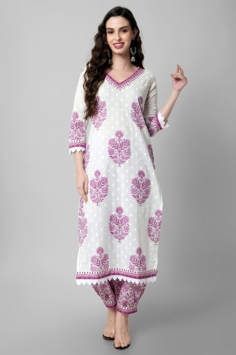 Arayna Women's Cotton Printed Floral Straight Kurta with Palazzo Pants and Printed Dupatta Set, Pink