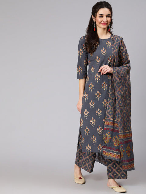Arayna Women's Cotton Printed Straight Kurta with Palazzo Pants & Dupatta Set, Grey