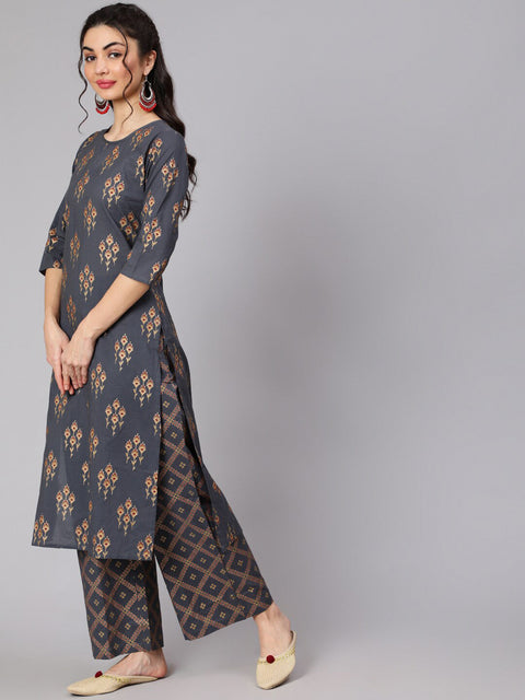 Arayna Women's Cotton Printed Straight Kurta with Palazzo Pants & Dupatta Set, Grey