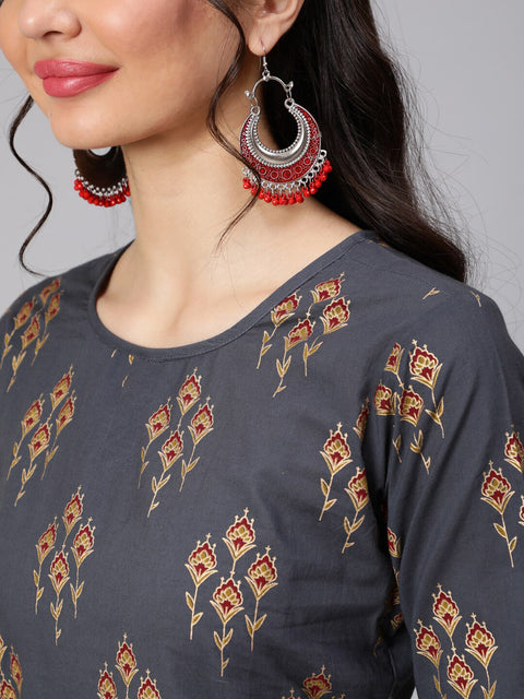 Arayna Women's Cotton Printed Straight Kurta with Palazzo Pants & Dupatta Set, Grey