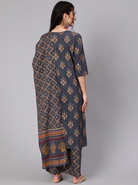 Arayna Women's Cotton Printed Straight Kurta with Palazzo Pants & Dupatta Set, Grey