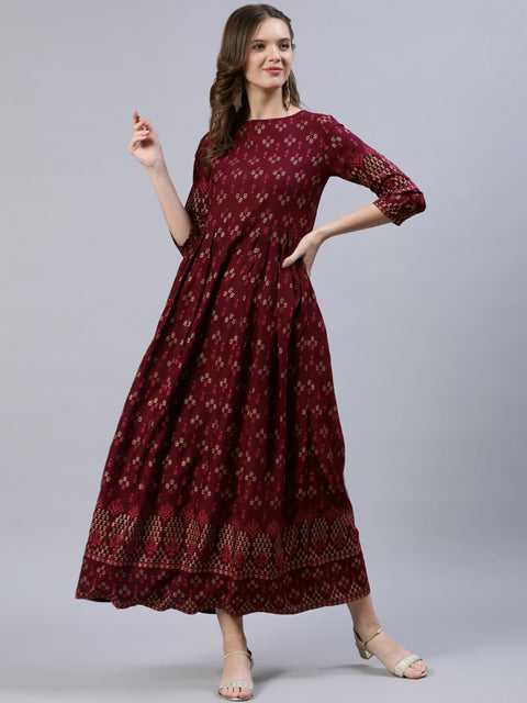 Arayna Women's Rayon Printed Anarkali Ankle Length Kurta Dress For Women, Maroon
