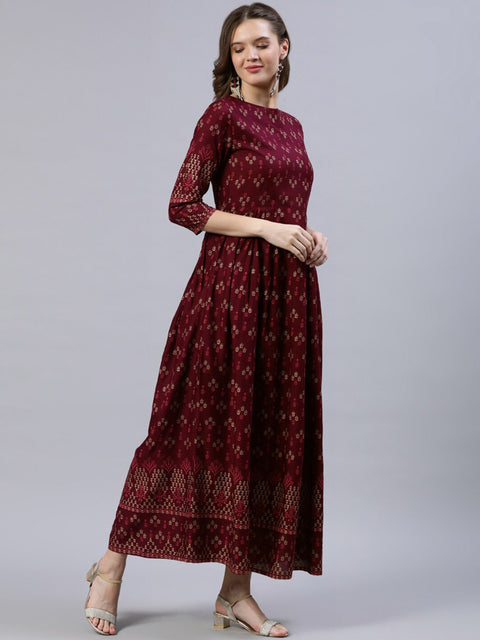 Arayna Women's Rayon Printed Anarkali Ankle Length Kurta Dress For Women, Maroon