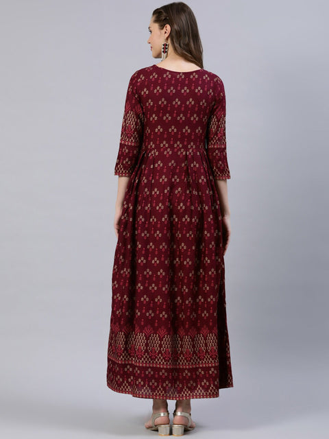 Arayna Women's Rayon Printed Anarkali Ankle Length Kurta Dress For Women, Maroon