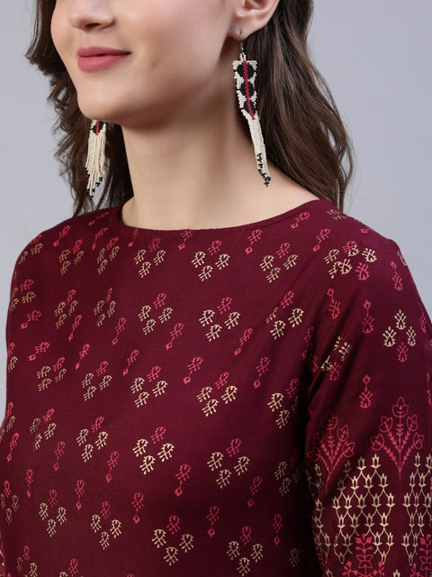 Arayna Women's Rayon Printed Anarkali Ankle Length Kurta Dress For Women, Maroon