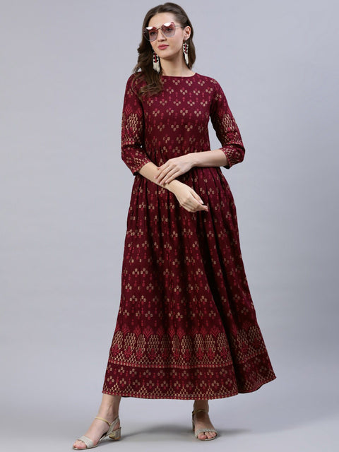 Arayna Women's Rayon Printed Anarkali Ankle Length Kurta Dress For Women, Maroon
