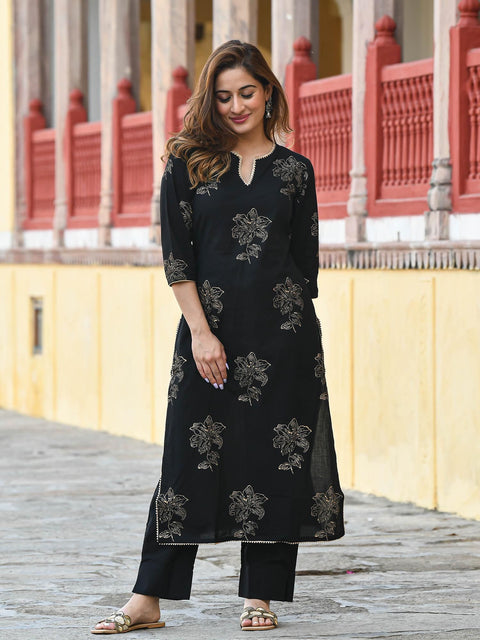 Arayna Women's Gold Printed Rayon Black Kurta Set with Ethnic Palazzo Pants, Black