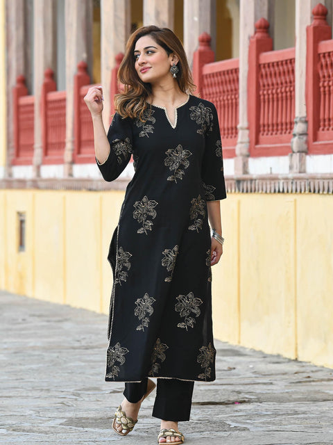 Arayna Women's Gold Printed Rayon Black Kurta Set with Ethnic Palazzo Pants, Black