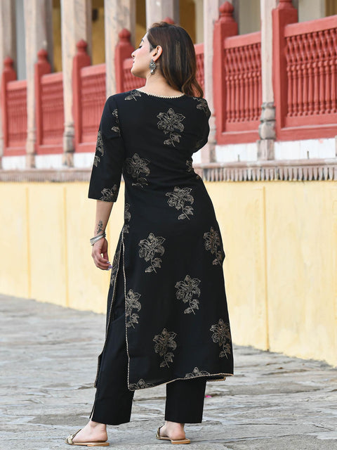 Arayna Women's Gold Printed Rayon Black Kurta Set with Ethnic Palazzo Pants, Black