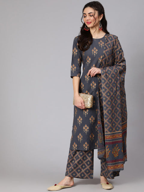 Arayna Women's Cotton Printed Straight Kurta with Palazzo Pants & Dupatta Set, Grey