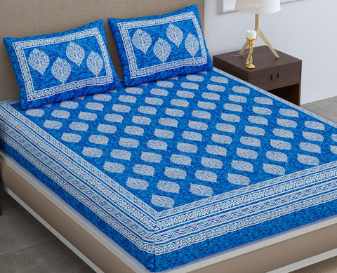 SheetKart Floral Cotton Jaipuri Double Bedsheet King Size With 2 Pillow Covers, Sapphire Blue