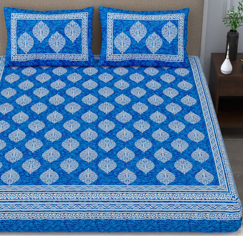 SheetKart Floral Cotton Jaipuri Double Bedsheet King Size With 2 Pillow Covers, Sapphire Blue