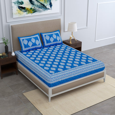 SheetKart Floral Cotton Jaipuri Double Bedsheet King Size With 2 Pillow Covers, Sapphire Blue
