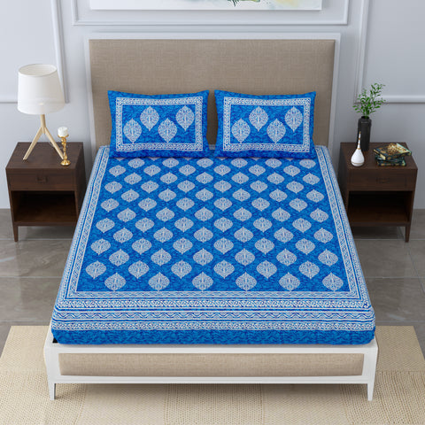 SheetKart Floral Cotton Jaipuri Double Bedsheet King Size With 2 Pillow Covers, Sapphire Blue