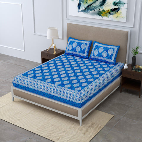SheetKart Floral Cotton Jaipuri Double Bedsheet King Size With 2 Pillow Covers, Sapphire Blue