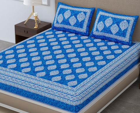SheetKart Floral Cotton Jaipuri Double Bedsheet King Size With 2 Pillow Covers, Sapphire Blue