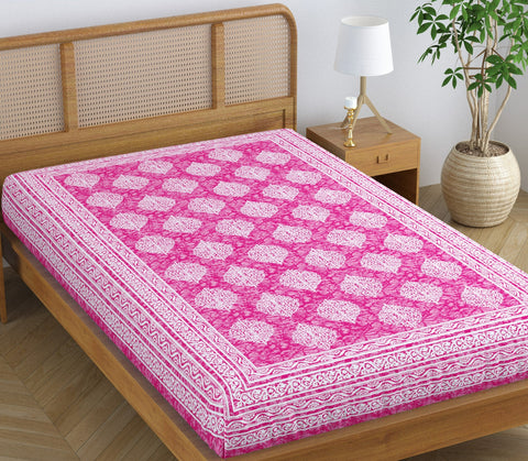 SheetKart Rustic 100% Pure Cotton Jaipuri Printed Bedsheet for Single Bed, Traditional Ethnic Bed Cover - Peach Pink