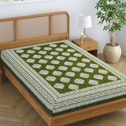 SheetKart Floral 100% Cotton Jaipuri Printed Bedsheet for Single Bed, Traditional Ethnic Bed Cover - Floral Green