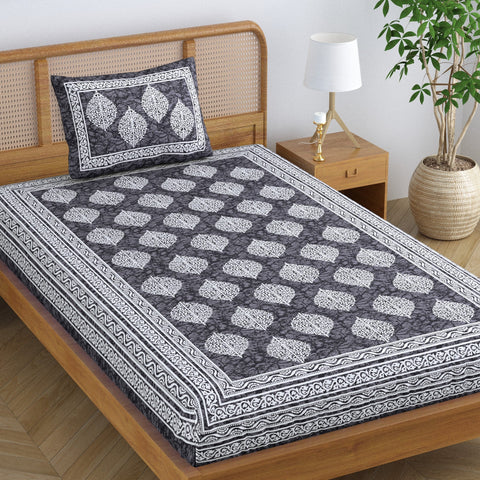 SheetKart Blossoms 100% Pure Cotton Jaipuri Printed Bedsheet for Single Bed, Traditional Ethnic Bed Cover (Single with Pillow Cover, Slate Grey)