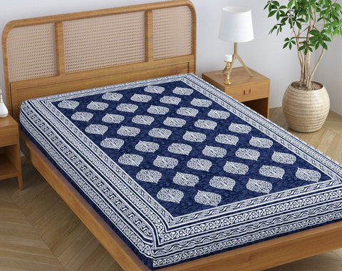 SheetKart Floral Mandala 144 TC 100% Cotton Single Bedsheet, Navy Blue