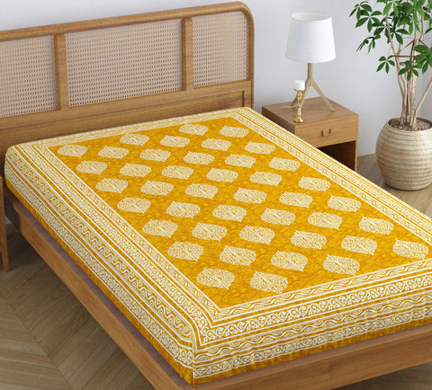 SheetKart Folk Floral 100% Pure Cotton Jaipuri Printed Bedsheet for Single Bed, Traditional Ethnic Bed Cover - Butter Yellow