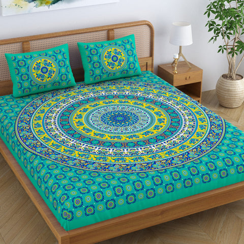 SheetKart Elephant Mandala Cotton Green Double King Size Jaipuri Bedsheet with 2 Pillow Covers