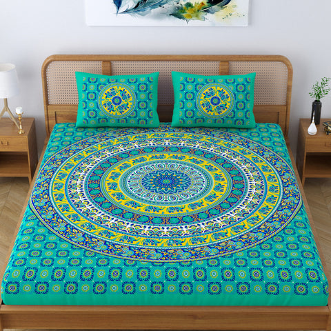 SheetKart Elephant Mandala Cotton Green Double King Size Jaipuri Bedsheet with 2 Pillow Covers