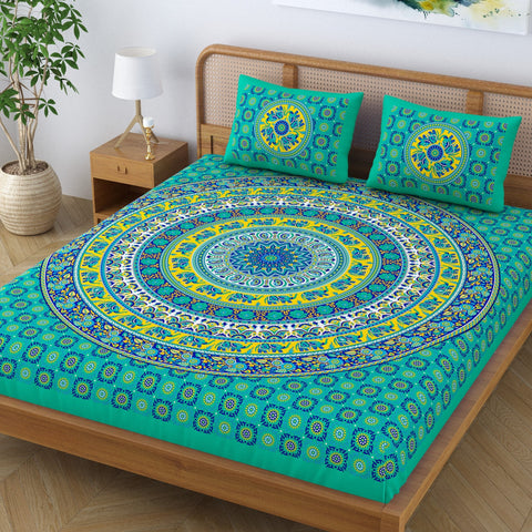 SheetKart Elephant Mandala Cotton Green Double King Size Jaipuri Bedsheet with 2 Pillow Covers