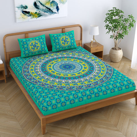 SheetKart Elephant Mandala Cotton Green Double King Size Jaipuri Bedsheet with 2 Pillow Covers
