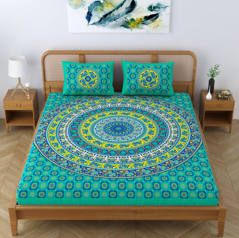 SheetKart Elephant Mandala Cotton Green Double King Size Jaipuri Bedsheet with 2 Pillow Covers