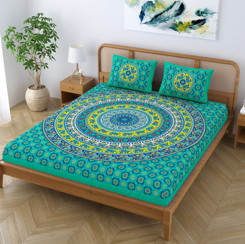 SheetKart Elephant Mandala Cotton Green Double King Size Jaipuri Bedsheet with 2 Pillow Covers