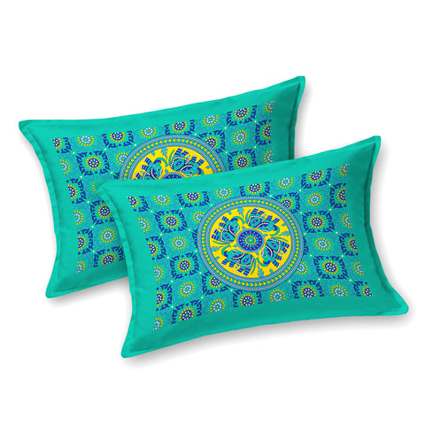 SheetKart Elephant Mandala Cotton Green Double King Size Jaipuri Bedsheet with 2 Pillow Covers