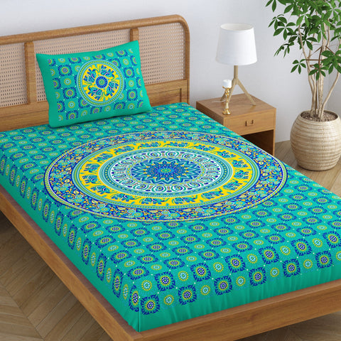 SheetKart Elephant Mandala 144 TC 100% Cotton Single Bedsheet with 1 Pillow Cover, Green