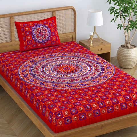 SheetKart Elephant Mandala 144 TC 100% Cotton Single Bedsheet with 1 Pillow Cover, Red