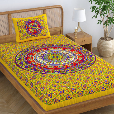 SheetKart Elephant Mandala 144 TC 100% Cotton Single Bedsheet with 1 Pillow Cover, Yellow