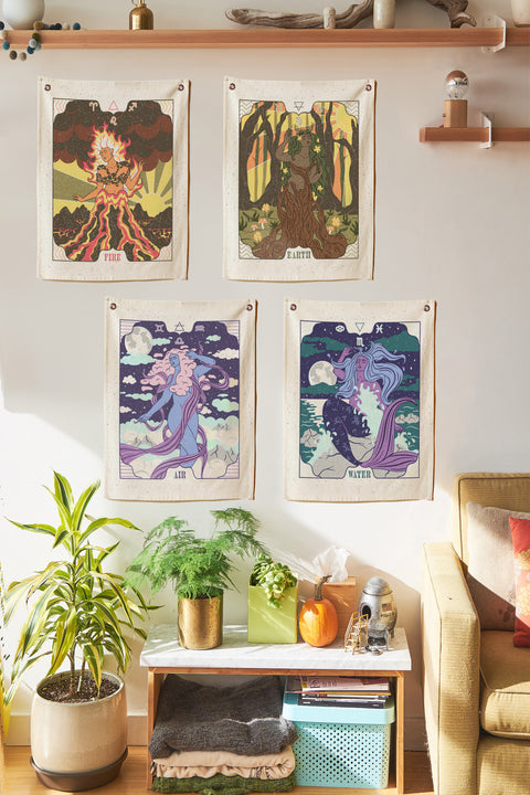 SheetKart Air, Water, Earth, Fire Elements of Astrology Tapestries - Aesthetic Bohemian Zodiac Signs Wall Hanging Tapestry for BedRoom Home Décor, Pack of 4 Tapestry Wall Arts, Beige