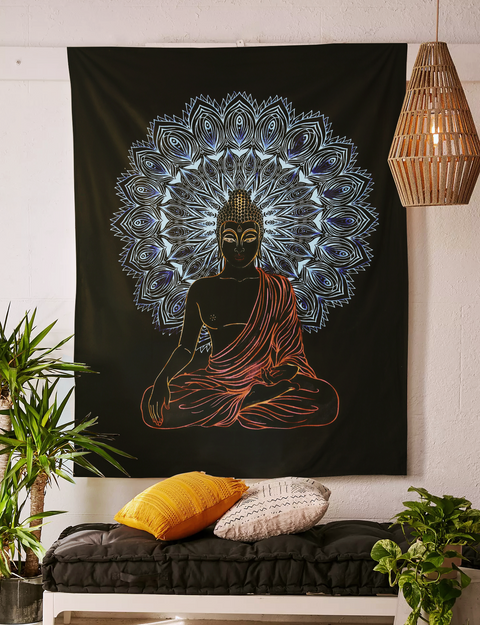 SheetKart Bohemian Buddha Meditation Tapestry | 100% Cotton Hand Screen Printed | Artistic Wall Hanging for Home Decor | Hand-Painted Blue and Red Accents | 53 x 81 inches | Proudly Made in India