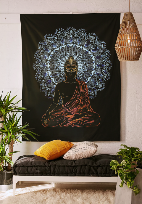 SheetKart Bohemian Buddha Meditation Tapestry | 100% Cotton Hand Screen Printed | Artistic Wall Hanging for Home Decor | Hand-Painted Blue and Red Accents | 53 x 81 inches | Proudly Made in India