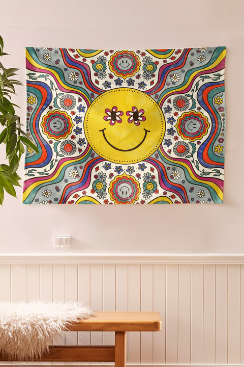 SheetKart Bohemian Smiley Face Wall Hanging Tapestry - 100% Cotton, 36x42 inches - Vibrant Home Decor with Yellow Smiles and Flowery Eyes