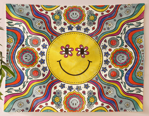 SheetKart Bohemian Smiley Face Wall Hanging Tapestry - 100% Cotton, 36x42 inches - Vibrant Home Decor with Yellow Smiles and Flowery Eyes