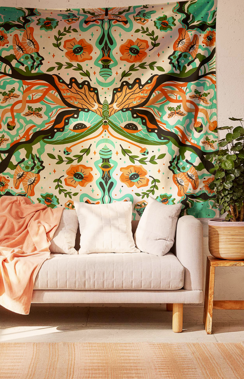 SheetKart Cotton Printed Wall Hanging Tapestry | Butterfly Printed Bohemian Style, Beige | Home Decor Art | 83 x 94 Inches | Perfect Gift | Made in India
