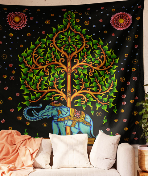 SheetKart Cotton Printed Wall Hanging Tapestry | Elephant Tree Printed | Hand Brushed | Home Decor Art | Perfect Gift | Aesthetic Room Decor | Proudly Made in India