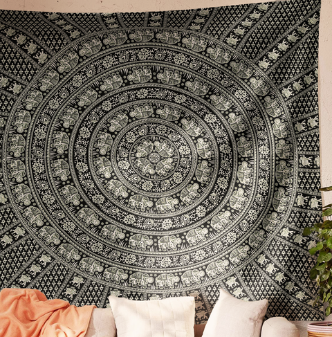 SheetKart Cotton Printed Wall Hanging Tapestry | Elephant Mandala Printed | Black | Home Decor Art | Perfect Gift | Aesthetic Room Decor | Proudly Made in India