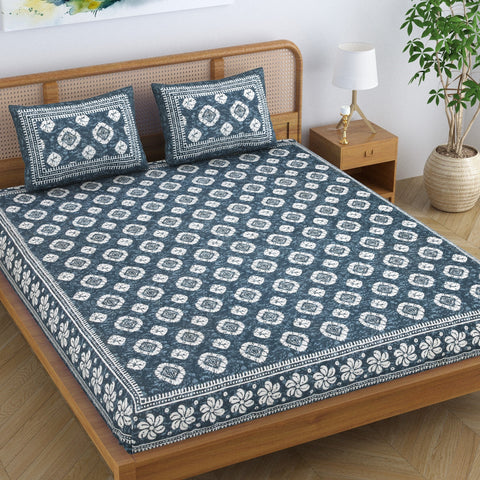 SheetKart Pure Cotton Printed Double Bedsheet - Jaipuri Faded Grey King Size Bed Sheet with 2 Pillow Covers