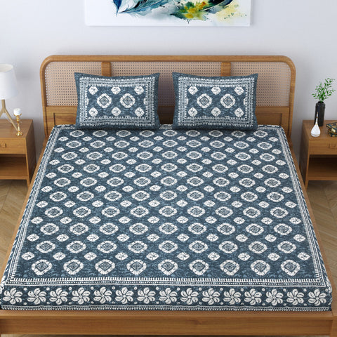 SheetKart Pure Cotton Printed Double Bedsheet - Jaipuri Faded Grey King Size Bed Sheet with 2 Pillow Covers