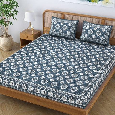 SheetKart Pure Cotton Printed Double Bedsheet - Jaipuri Faded Grey King Size Bed Sheet with 2 Pillow Covers