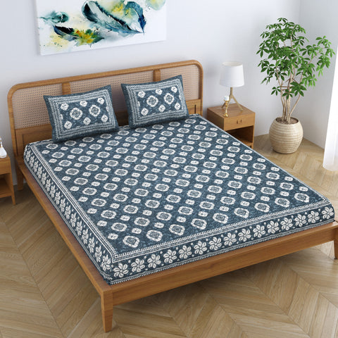 SheetKart Pure Cotton Printed Double Bedsheet - Jaipuri Faded Grey King Size Bed Sheet with 2 Pillow Covers