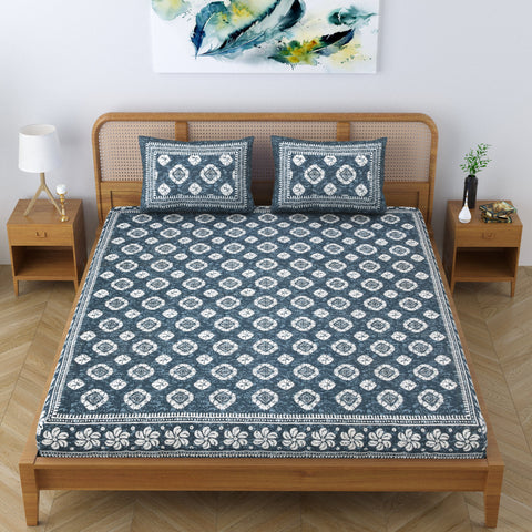 SheetKart Pure Cotton Printed Double Bedsheet - Jaipuri Faded Grey King Size Bed Sheet with 2 Pillow Covers