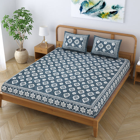 SheetKart Pure Cotton Printed Double Bedsheet - Jaipuri Faded Grey King Size Bed Sheet with 2 Pillow Covers